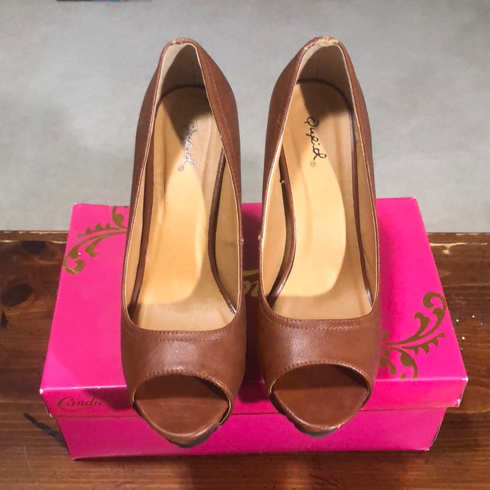 Brown peep toe heels